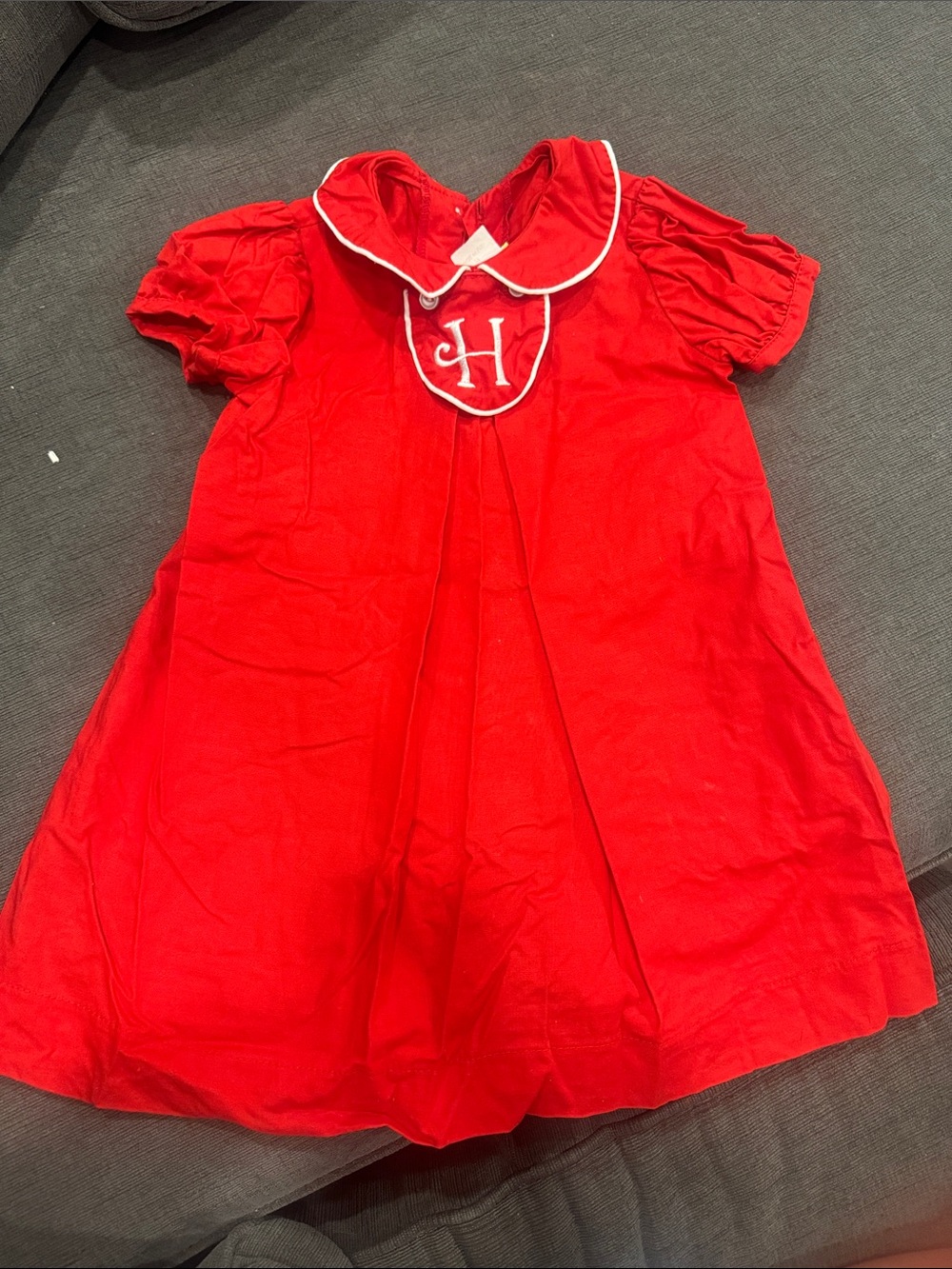 Red Girls' Puff Sleeve Dress with White Trim